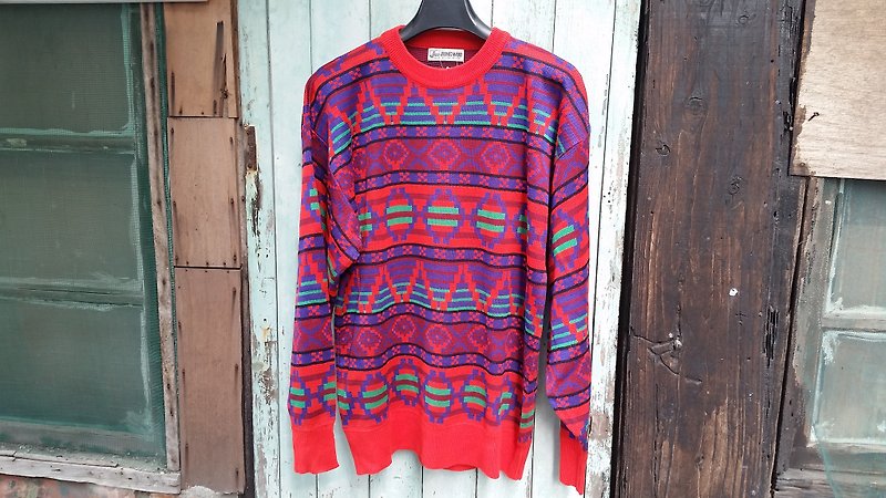 AMIN'S SHINY WORLD Vintage 幾何方塊紅綠撞色針織毛衣 - 男毛衣/針織衫 - 羊毛 多色