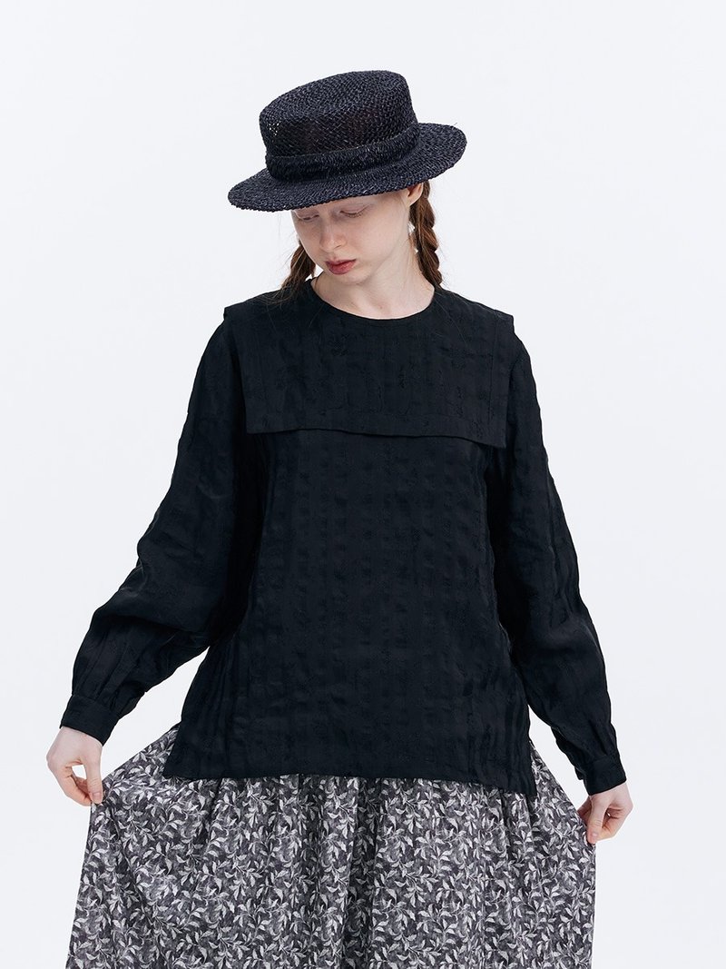 Black dark pattern jacquard Linen blended long-sleeved age-reducing shirt with navy collar blouse - Women's Tops - Cotton & Hemp Black