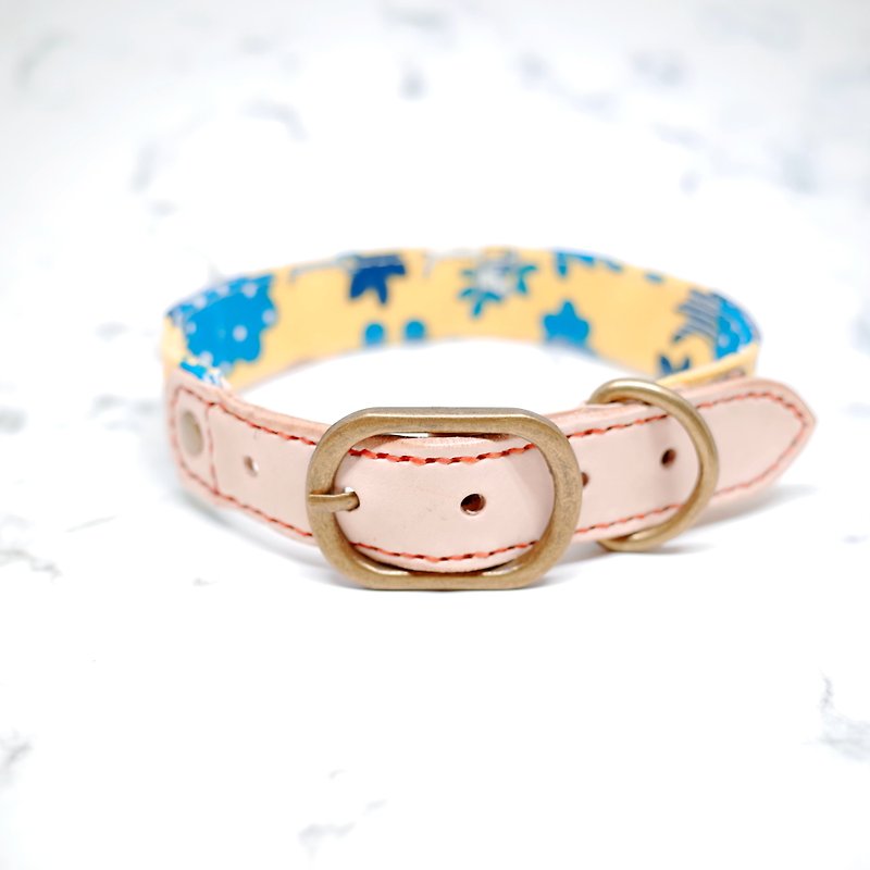 Dog L size 2.5 cm wide collar (without tag), lively yellow wood forest, pure cotton, vegetable tanned leather, leash tag - ปลอกคอ - หนังแท้ 
