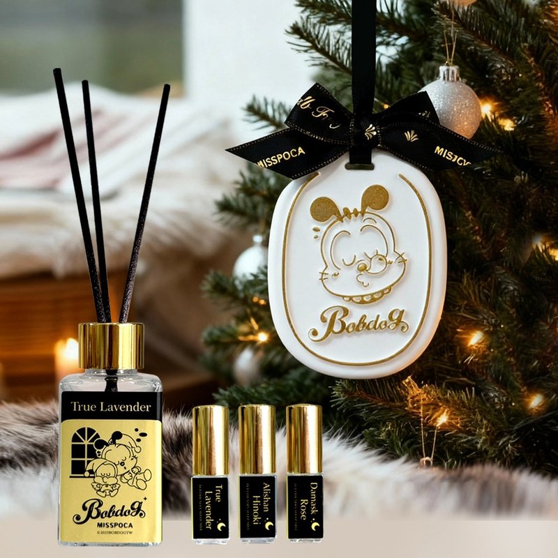 【BOBDOG聖誕舒眠禮盒】擴香竹×掛飾×噴霧・親子寵物友善零酒精 - 香氛/精油/擴香 - 精油 金色