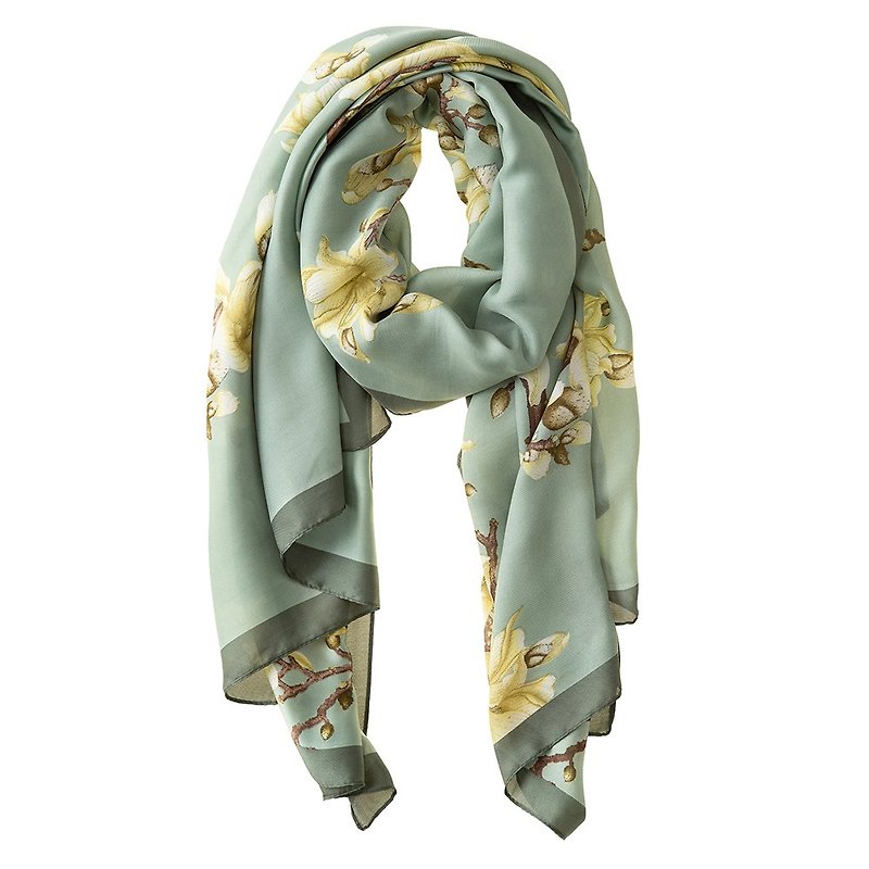 Ireland Galway satin scarf bean green apple blossom 90x180cm - Scarves - Polyester Green