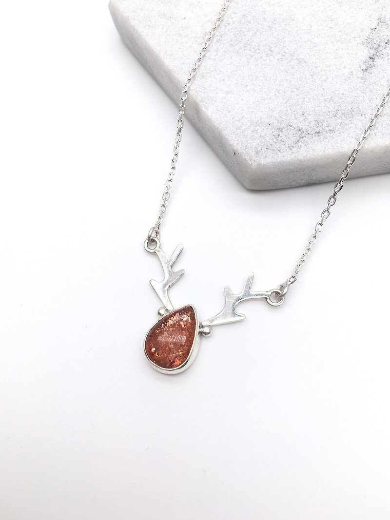 Sun Stone Sunstone 925 Silver Elk Design Necklace Made in Nepal handmade inlay - Necklaces - Gemstone Orange