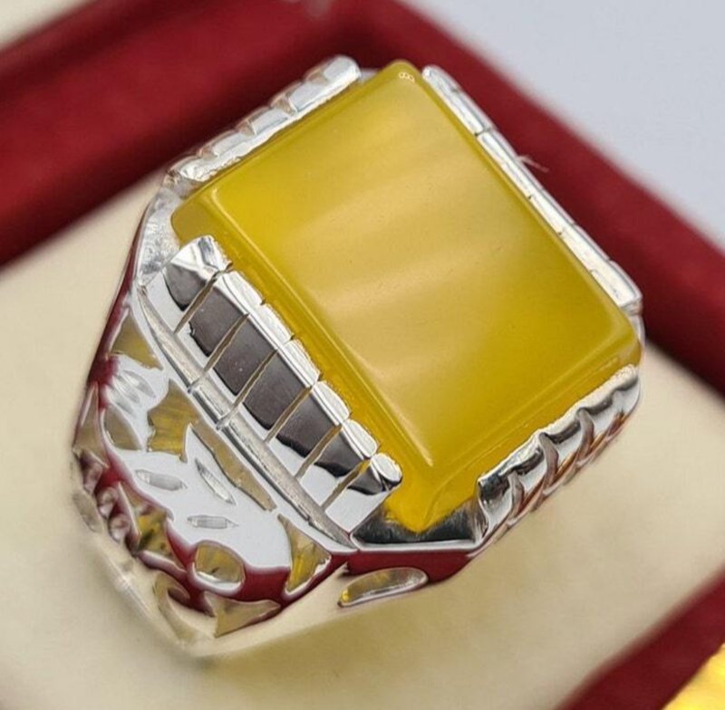 Natural Yellow Yemeni Aqeeq Ring Beautiful Handmade Aqiq Akik Hakik Bague ring - แหวนทั่วไป - เครื่องเพชรพลอย สีเหลือง