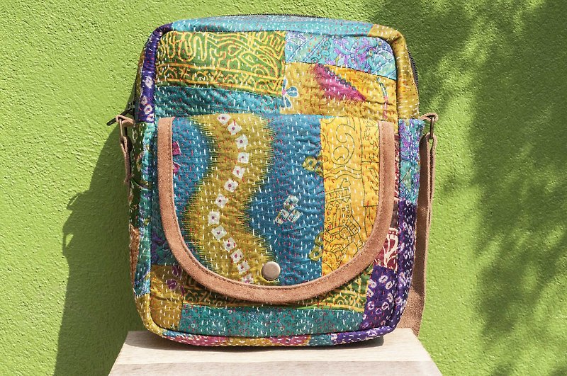 Limited one Valentine's Day creative gift hand-stitched saree side backpack/embroidered side backpack/embroidered cross-body bag/hand-sewn saree cross-body bag/saree stitching backpack-Indian silk starry night + ethnic embroidery totem - กระเป๋าแมสเซนเจอร์ - ผ้าไหม หลากหลายสี
