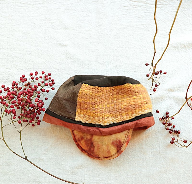 Sunset-colored orange cap/plant-dyed hand-woven wool/reversible - หมวก - ขนแกะ สีส้ม
