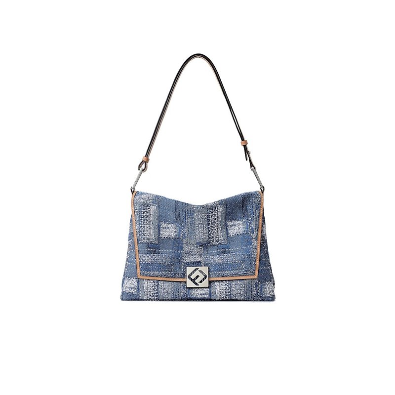 Oil Painting Large Jacquard with Leather Crossbody & Shoulder Bag - Messenger Bags & Sling Bags - Genuine Leather Blue