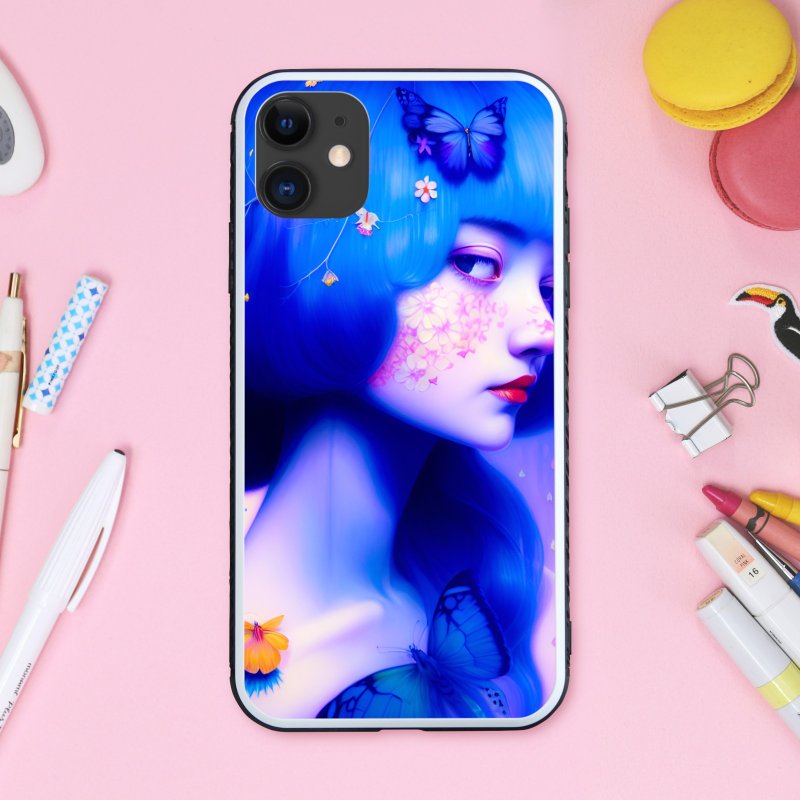 幻想的でゆめかわいいぱっつんの女の子と蝶 スマホケース【強化ガラス仕上げ】iPhone16 対応 - 手機殼/手機套 - 塑膠 多色
