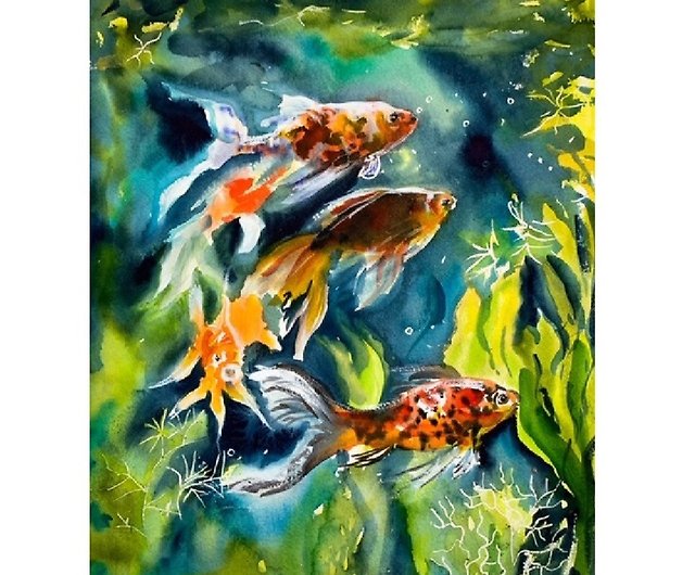 金色の魚が描かれたオリジナルの水彩画水族館アートワーク - ショップ