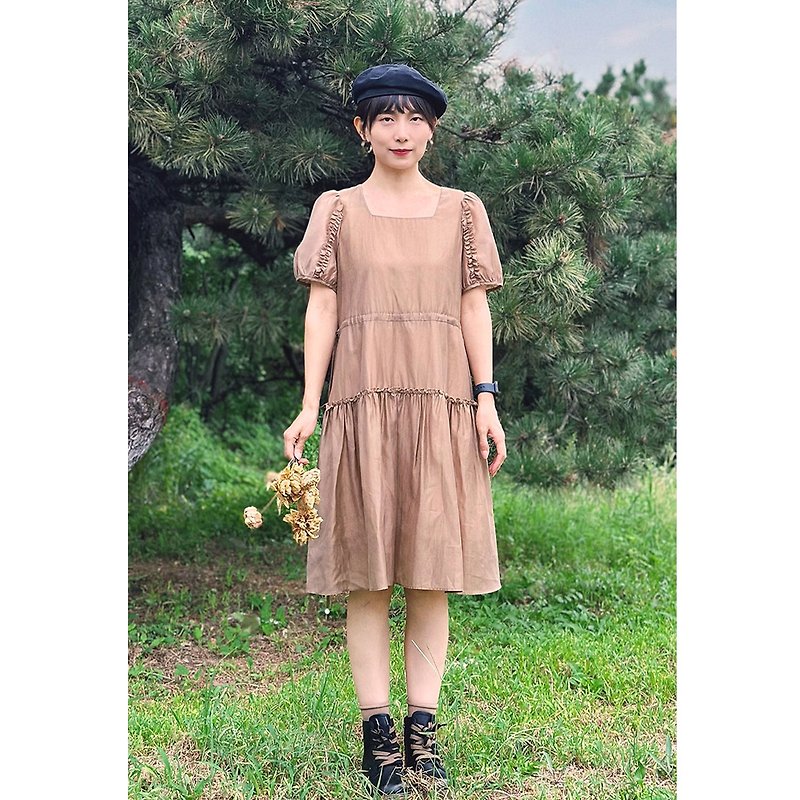 Brown Shirred Panel Dress - One Piece Dresses - Other Materials Khaki