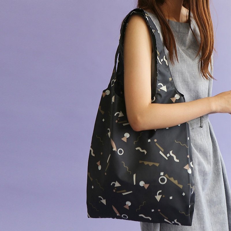 Folding shopping bag shoulder bag L-01 geometric number, E2D16005 - Handbags & Totes - Polyester Black