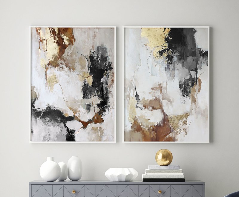 Gray Painting | Gray and Gold Painting | Two Piece Gray Wall Art | Gray Flux Set - 壁貼/牆壁裝飾 - 棉．麻 灰色
