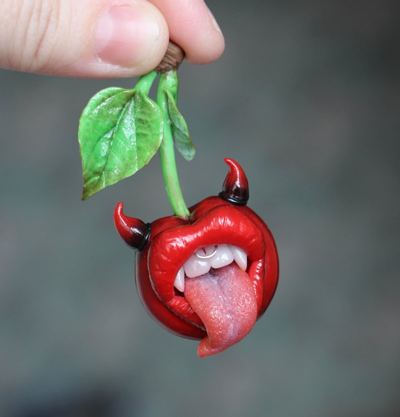 Cherry devil brooch, Witchy jewelry - 胸針 - 其他材質 紅色