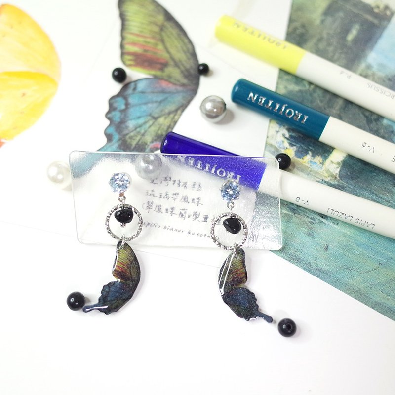 Taiwan's endemic glass-banded swallowtail black agate painting earrings, ear pins/ Clip-On - Earrings & Clip-ons - Waterproof Material Black