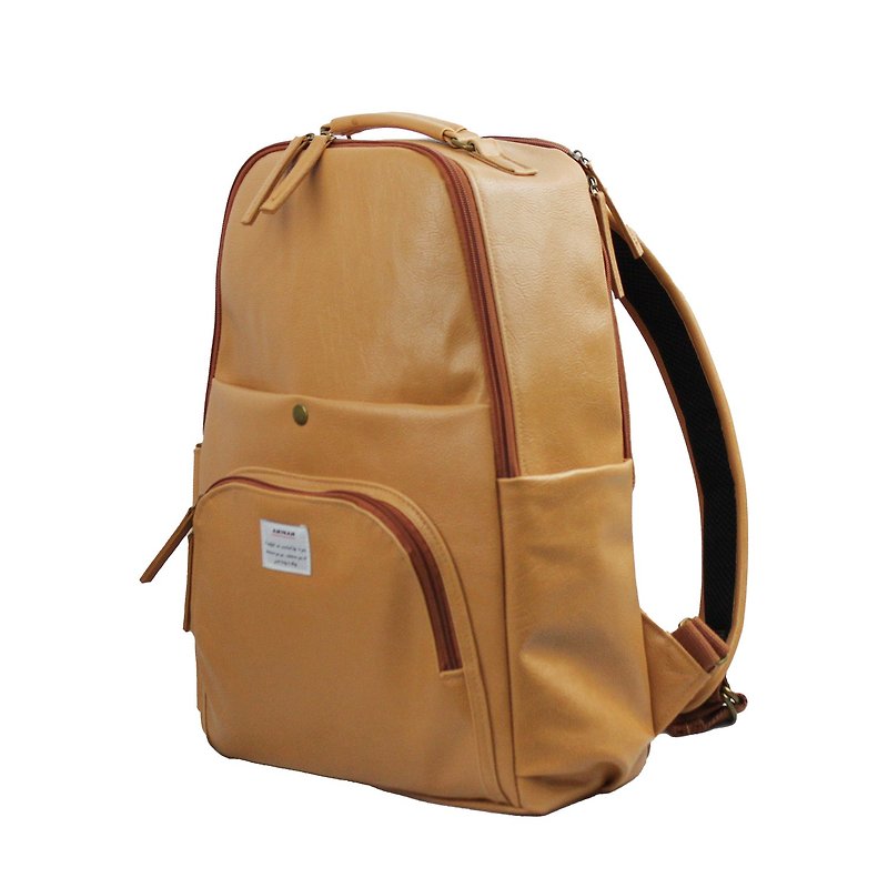 AMINAH-light brown multi-layered backpack[am-0298] - กระเป๋าเป้สะพายหลัง - หนังเทียม สีกากี