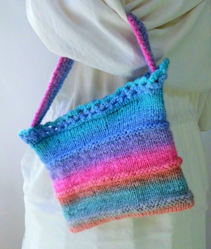 手編み・小さなポーチ・虹色を探して - ポーチ - ポリエステル ブルー