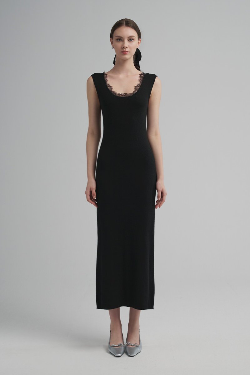 Camille極簡羊絨混絲針織洋裝 - 洋裝/連身裙 - 羊毛 黑色