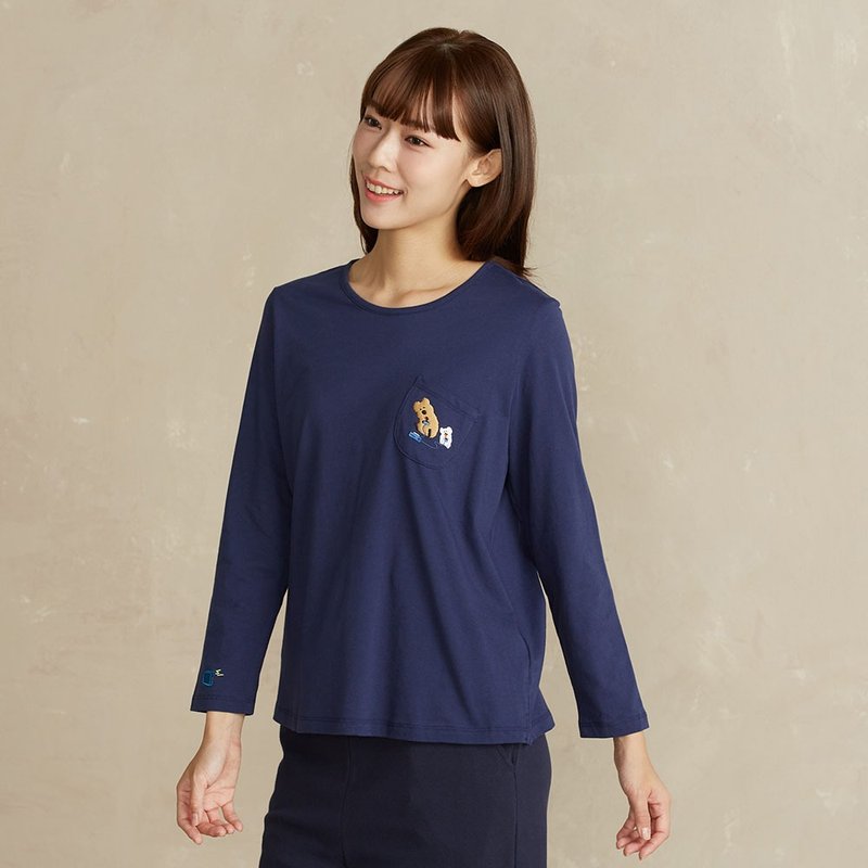 DINOTAENG | 電玩繡花上衣-星海藍 - 女 T 恤 - 棉．麻 藍色