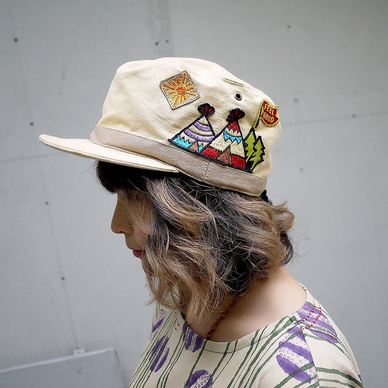 [Pre-order] ☼ ☼ Indian tent embroidery affixed cloth cap (two-color) - Hats & Caps - Cotton & Hemp Multicolor