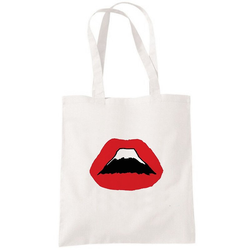 Lips Mt Fuji 帆布環保肩背手提包購物袋 米白 嘴唇富士山 日本 - 側背包/斜背包 - 棉．麻 白色