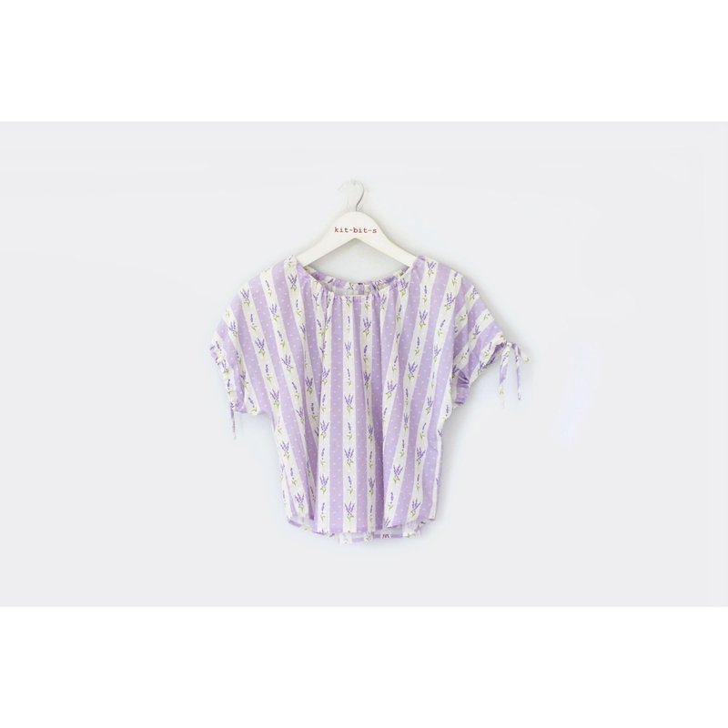 Lavender white striped bow shirt - Women's Tops - Cotton & Hemp 