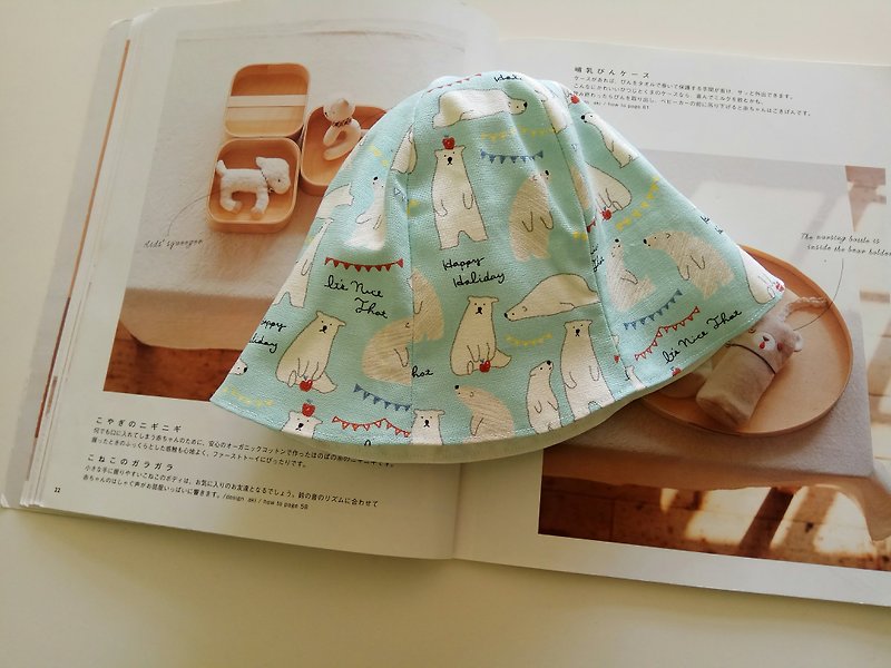 湖水綠 北極熊 嬰兒軟帽 彌月禮物 寶寶帽 漁夫帽 嬰兒帽 - 彌月禮盒 - 棉．麻 綠色