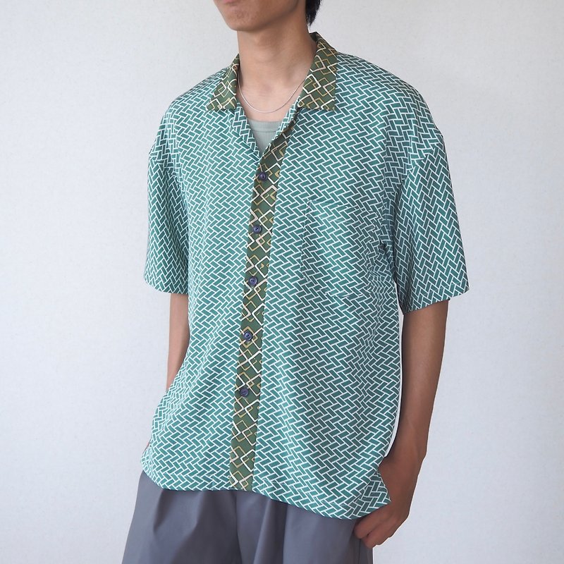 【日本製造】UMUI BLACK LABEL 升級改造和服男士襯衫 L、獨一無 - 男襯衫/休閒襯衫 - 絲．絹 綠色