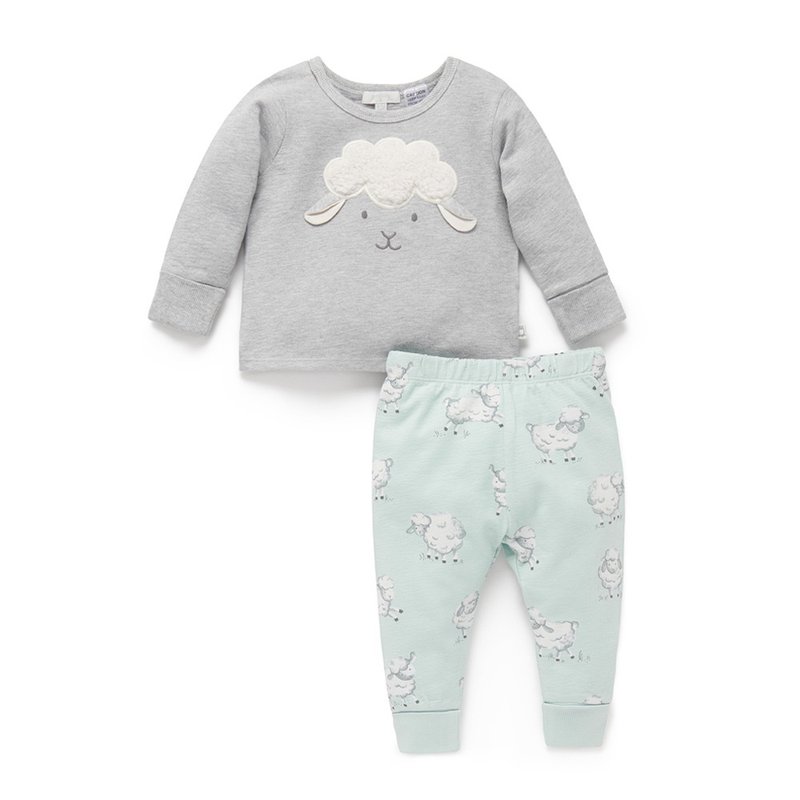 澳洲Purebaby有機棉幼童長上衣褲套裝 6M-4T  灰綠綿羊 - 男/女童裝 - 棉．麻 