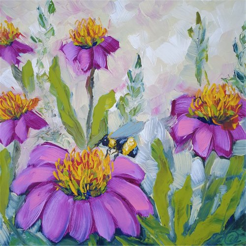 蜂の絵デイジーオリジナルアート花の壁アート花の小さな油絵