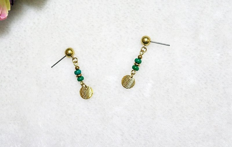Bronze natural stone X <Green Forest> - pin earrings - Earrings & Clip-ons - Gemstone Green