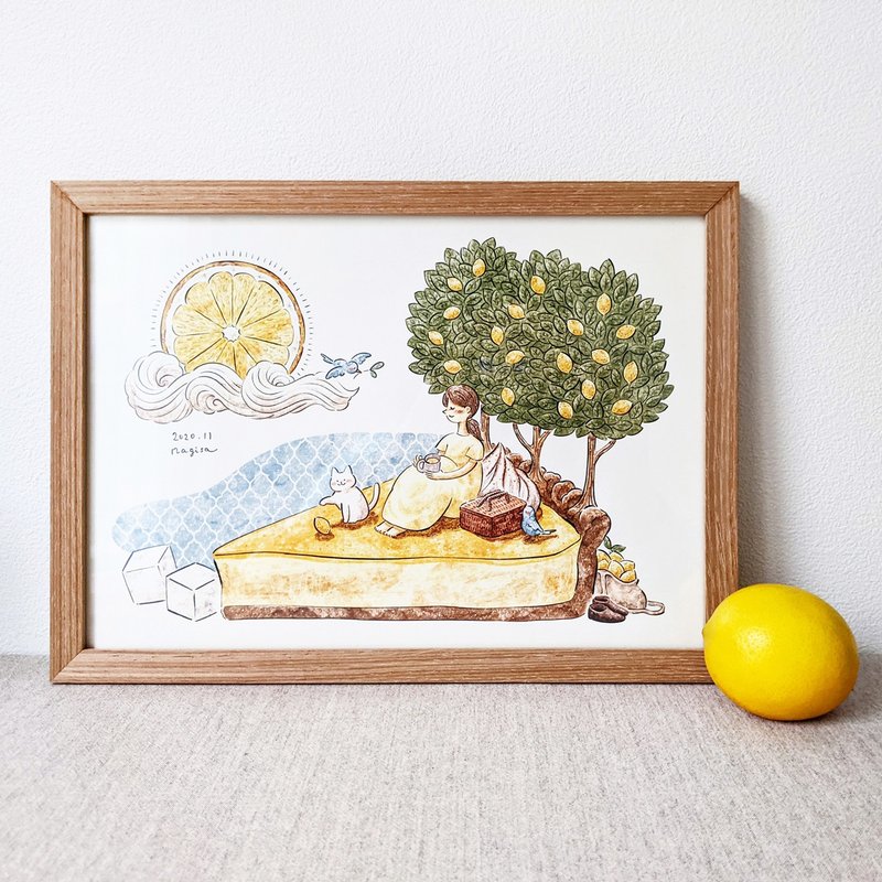 A4 白猫とレモンタルト アートプリント/イラスト複製画 - 海報/掛畫/掛布 - 紙 黃色