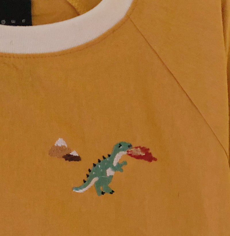 Dinosaur T rex - Embroidery / Yellow mustard  // Long sleeve Top / Shirt - 女上衣/長袖上衣 - 棉．麻 黃色