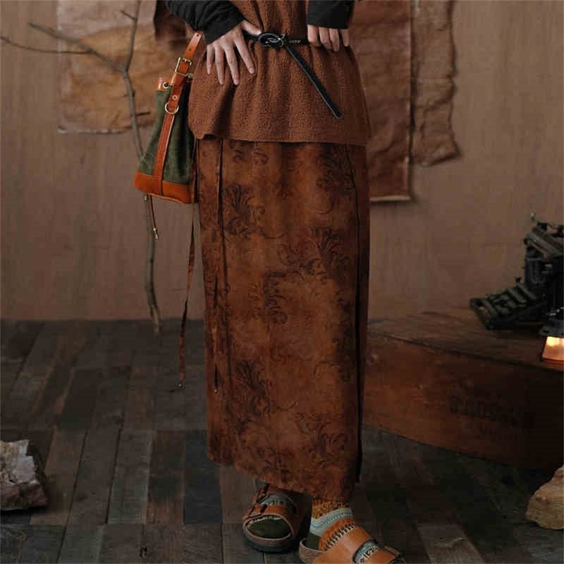 Chestnut-brown Thai-style lace-up retro mulberry silk wrap skirt Xiangyun yarn mud-dyed high-waist pleated skirt - Skirts - Silk Brown