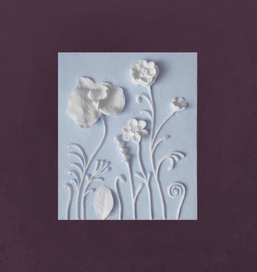 BotanicalArtGifts 面板石膏 3d 花卉牆壁藝術 雕塑柔和的天藍色淺浮雕