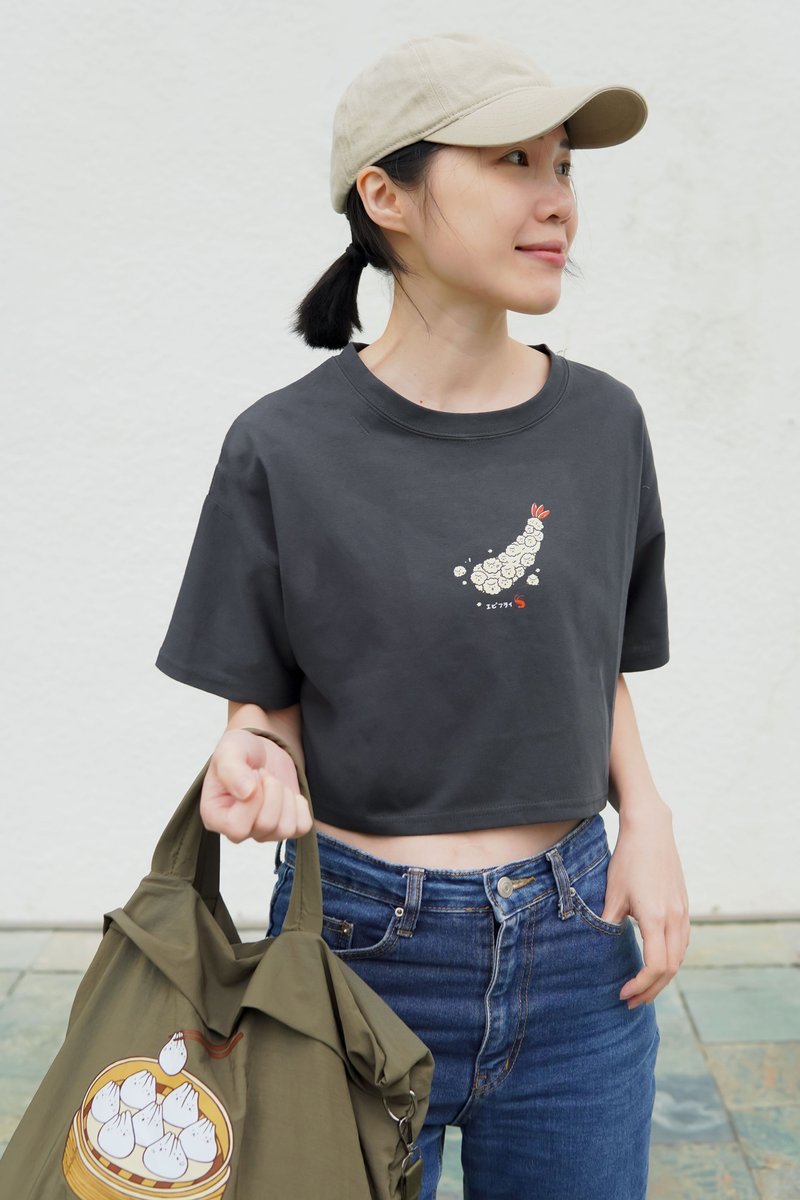 Crop top T-shirt -泡泡羊炸蝦(灰黑) - 背心/無袖上衣 - 棉．麻 灰色