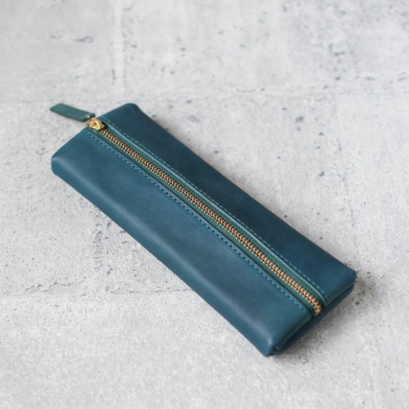 Vegetable Tanned Cowhide Lake Green Flat Rectangular Leather Pencil Case-Limited Color - Pencil Cases - Genuine Leather Green