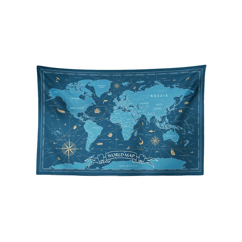 現貨 復古 世界 地圖 (青琉璃配色) 布幔 掛幔 - 掛牆畫/海報 - 聚酯纖維 藍色