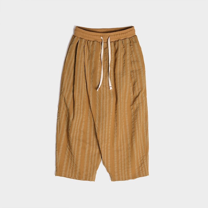 Oblique open linen linen drawstring striped wide leg pants - กางเกงขายาว - ผ้าฝ้าย/ผ้าลินิน สีส้ม