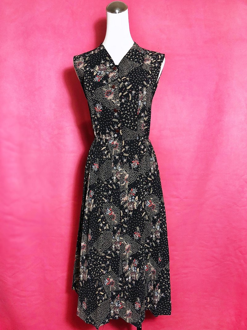 日式印花長版無袖古著洋裝 / 國外帶回 VINTAGE - 洋裝/連身裙 - 聚酯纖維 黑色