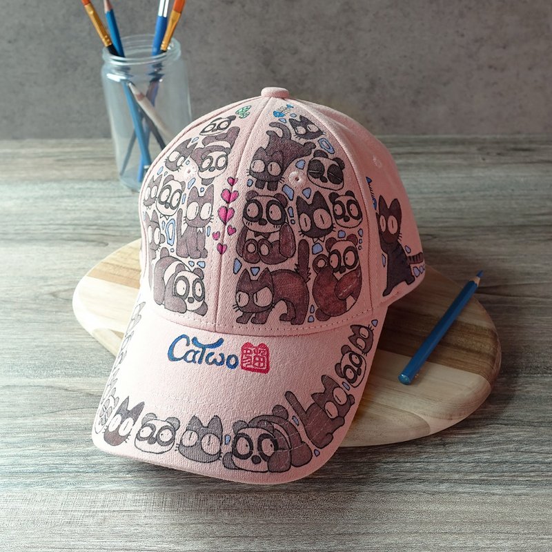 【獨家/不撞帽】CaTwo貓2 - 原創角色手繪帽(塗鴉系列)-粉紅 - 帽子 - 棉．麻 粉紅色