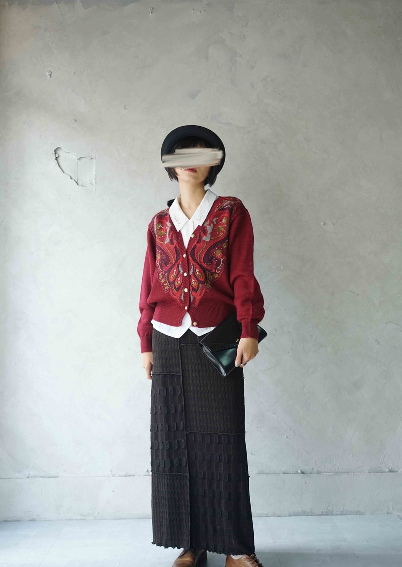 尋寶古著-古典巴洛克風格緹花紅色復古針織外套 - 女毛衣/針織衫 - 羊毛 紅色