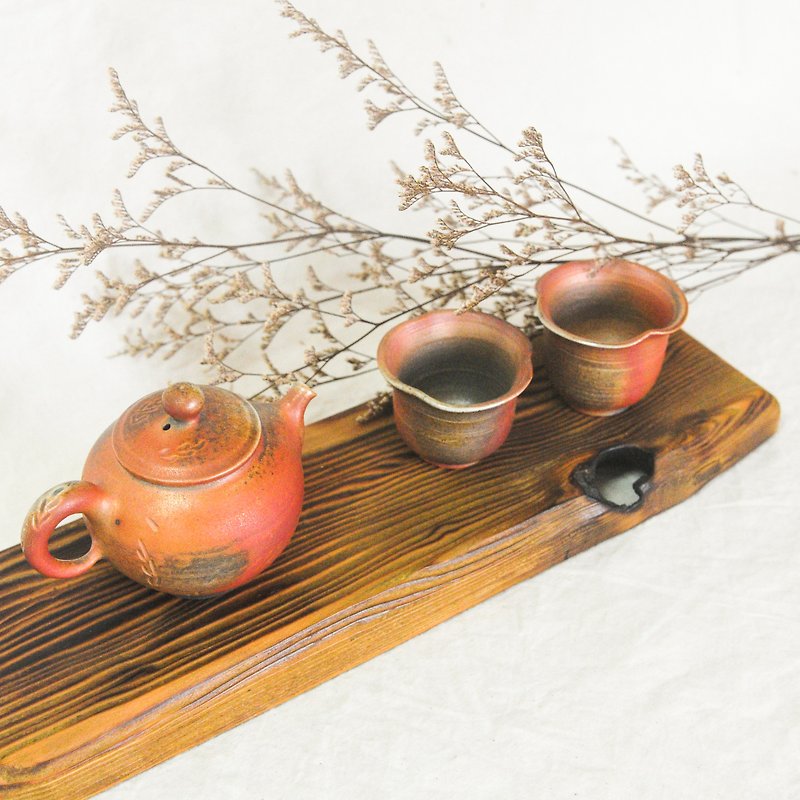 Wood fired pottery. Small leaves, light red teapot - ถ้วย - ดินเผา สีแดง