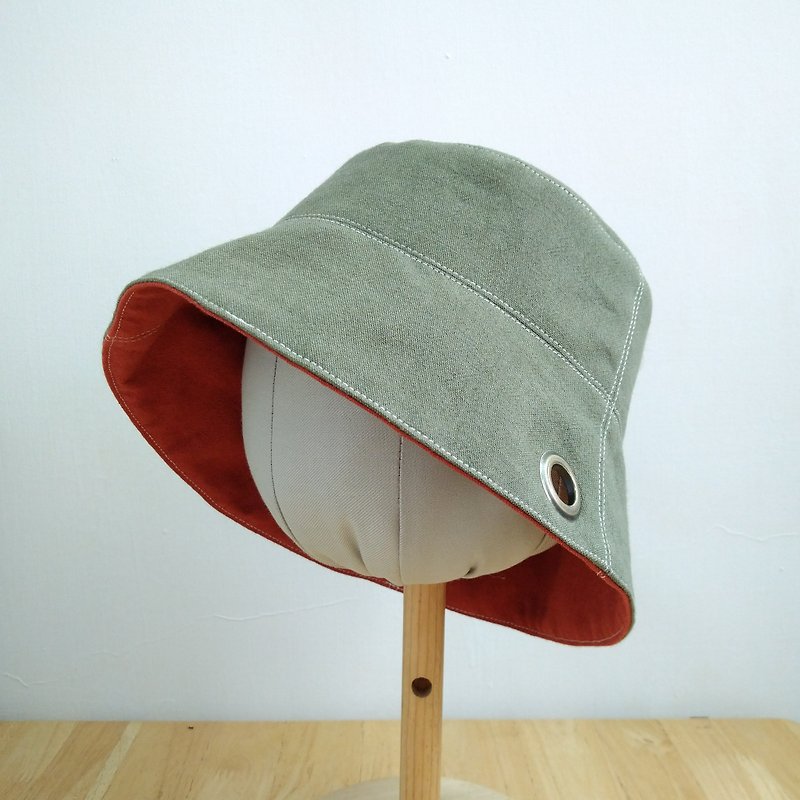 Itobun Double-sided Cotton Bucket Hat-Grey/Orange Head Circumference 60cm - หมวก - ผ้าฝ้าย/ผ้าลินิน สีเขียว