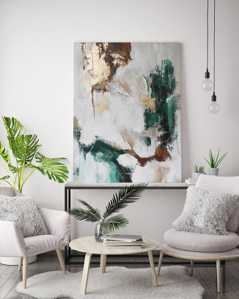Teal Gold Painting Abstract |  Teal Gold Abstract | Teal Wall Art | Emerald Flux - 壁貼/牆壁裝飾 - 棉．麻 綠色