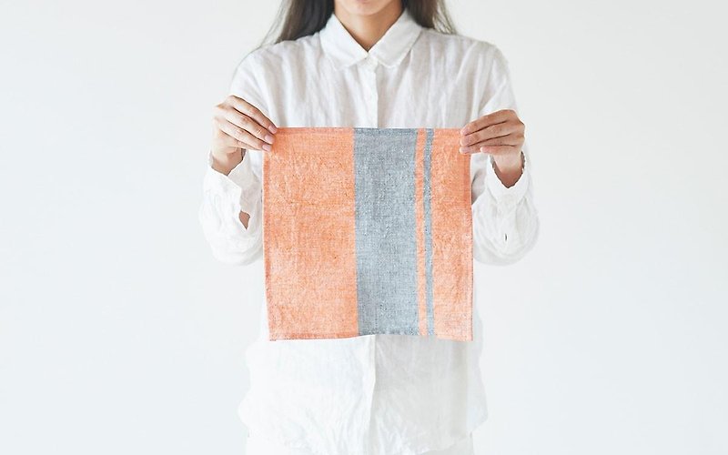 Chambray Linen Mini Cloth (Line / Orange × Gray) - ที่รองแก้ว - ผ้าฝ้าย/ผ้าลินิน สีส้ม