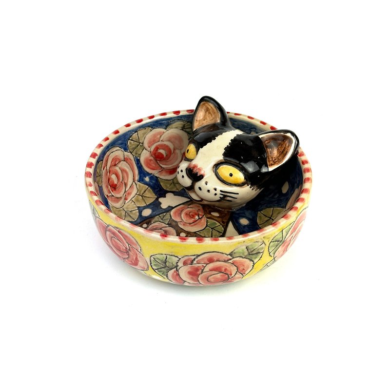 Nice Little Clay Noodle Bowl Cute Cat 0201C-1 - Bowls - Pottery White