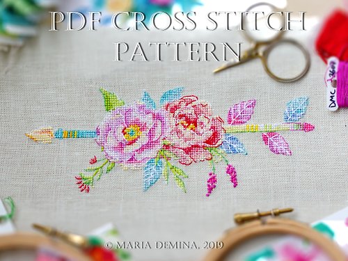 LittleRoomInTheAttic Colorful Floral Arrow I PDF cross stitch pattern