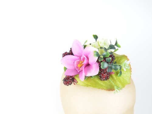 Elle Santos Fascinator Headpiece with Silk Orchid Pink Flower and Deep Red Raspberries