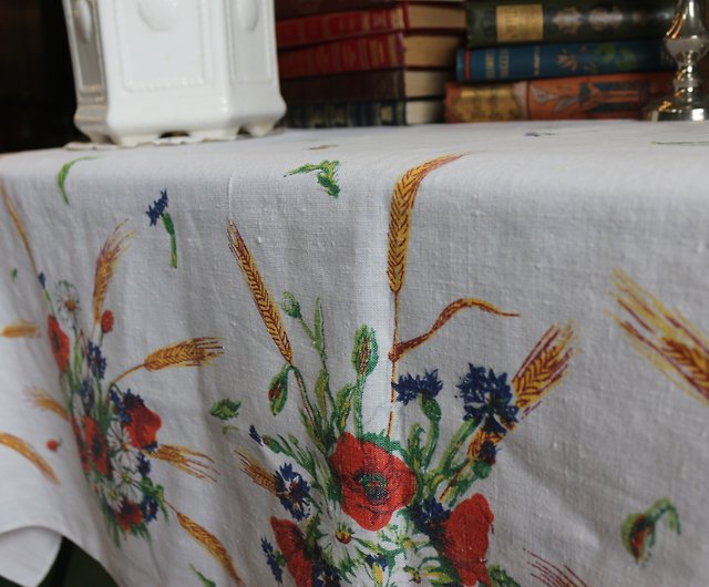 アンティーク オーストラリア/イギリス 三つ葉型の花刺繍麻クロス 