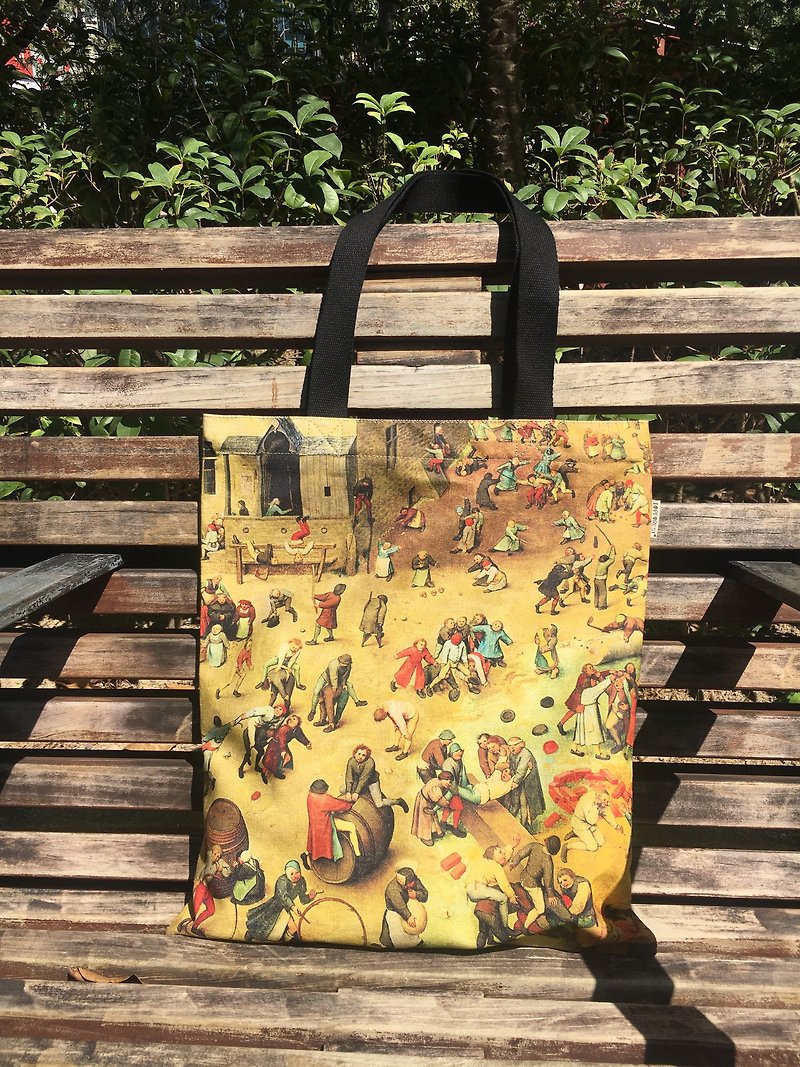 Canvas Tote Bag w. zipper- Bruegel's Painting: Children's Games - กระเป๋าแมสเซนเจอร์ - ผ้าฝ้าย/ผ้าลินิน สีเหลือง