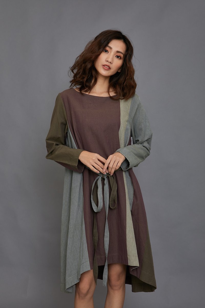 棉．麻 洋裝/連身裙 多色 - 普羅旺斯拼色綁帶洋裝-葡萄園-公平貿易